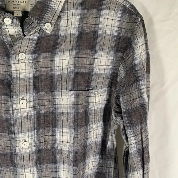 Club Monaco Shirt Men's Small Grey Plaid Button Down Long Sleeve Slim Fit - Picture 2 of 6